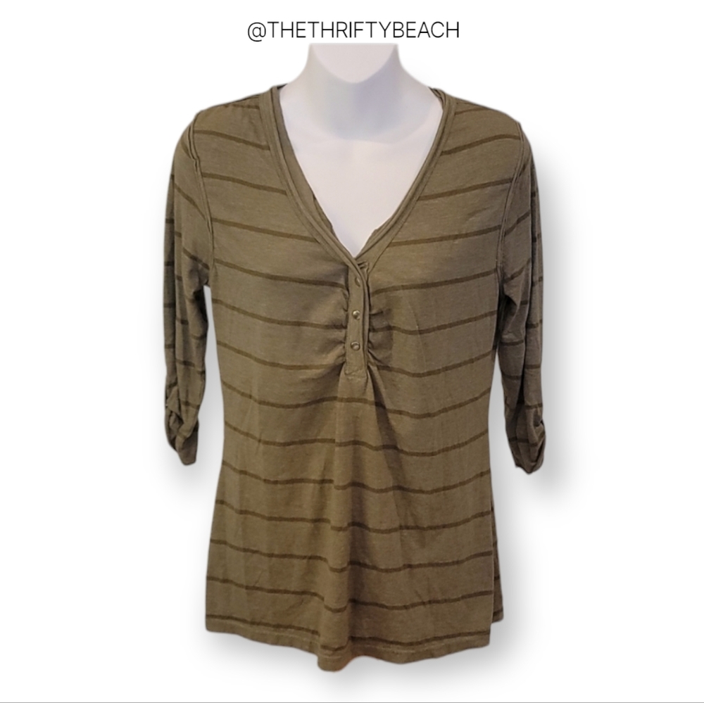 Bobbie Brooks Olive Green Striped Henley V-Neck Top Size M
